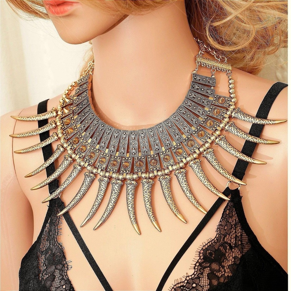 Tribal Statement Bib Necklace Gold Tone Bold Geometric